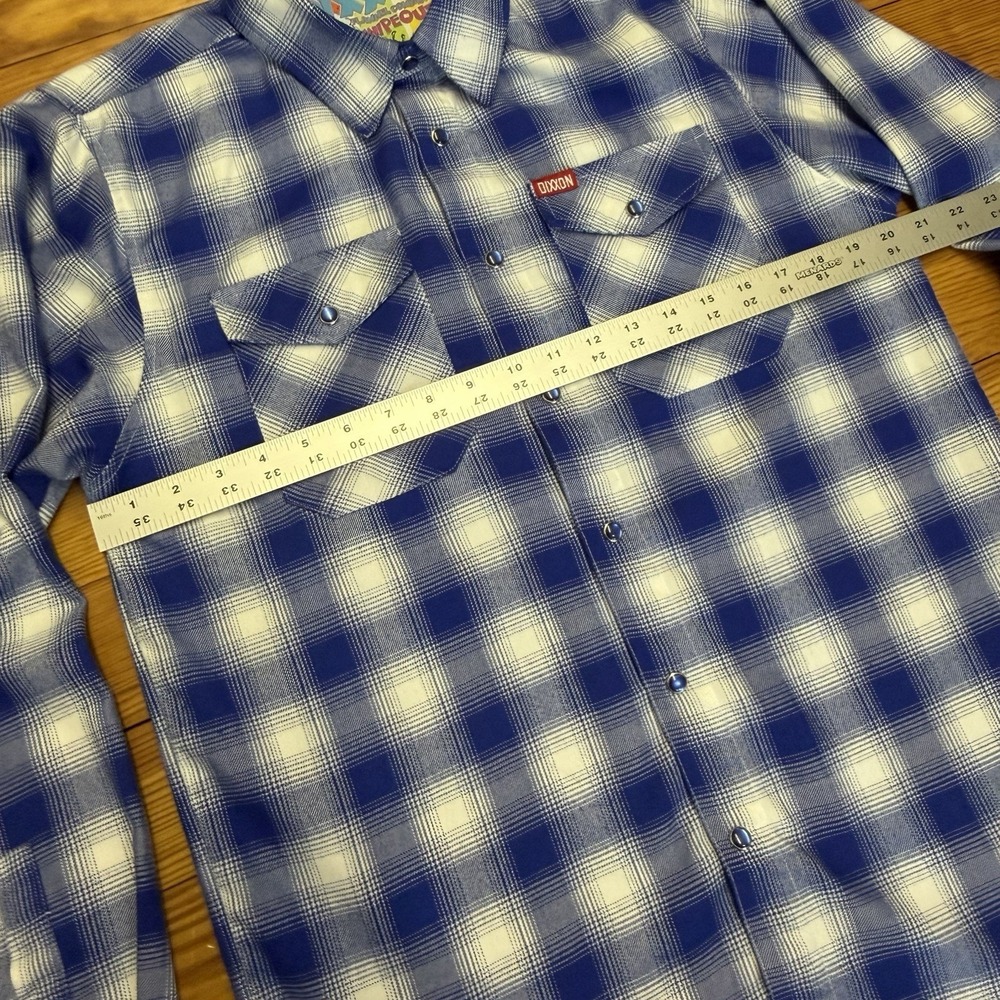Dixxon Wipeout Flannel Mens Small Pearl Snap Button Down Shirt Blue White Plaid - Picture 9 of 13